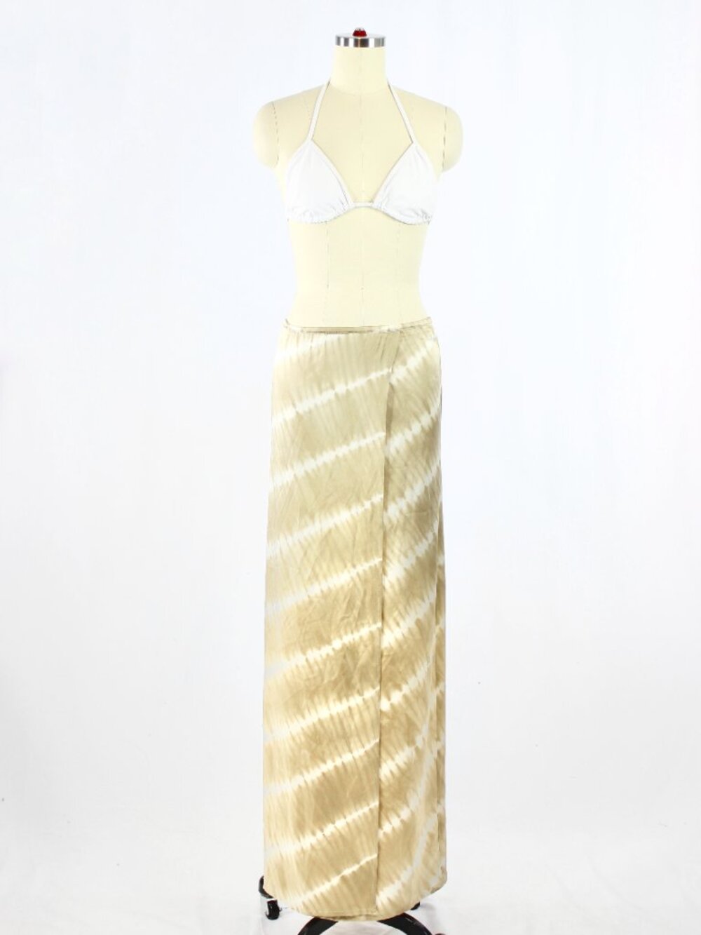 INDAH Tan Beige Tie Dye 100% Silk Satin Wrap Front Maxi Slip Skirt, Size S